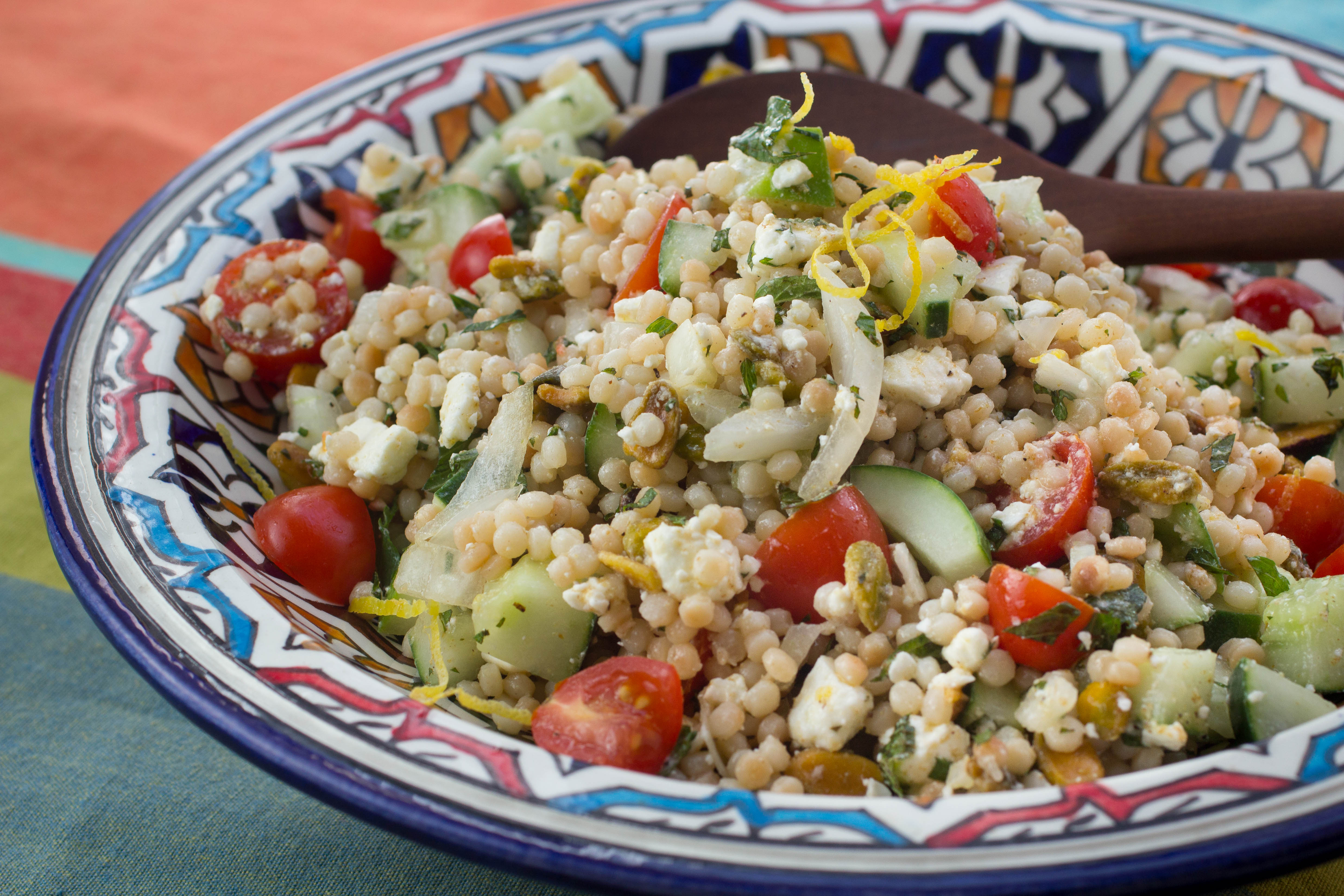 Israeli Couscous Salad Recipe With Tomatoes Cucumbers And Feta The Scramble 5489