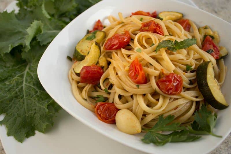 Fettuccine With Roasted Garlic, Tomatoes, And Zucchini - The Scramble